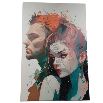 Digitale aquarel canvas met afbeelding van gezichten van een man en vrouw in rustieke stijl.