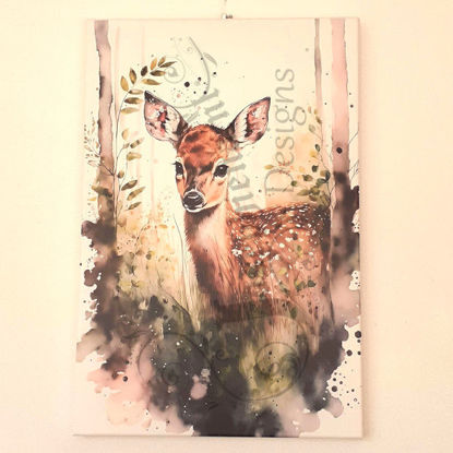 Aquarel schilderij van jonge ree in bos op canvas, grootte 40x60 cm, met haakje om op te hangen.