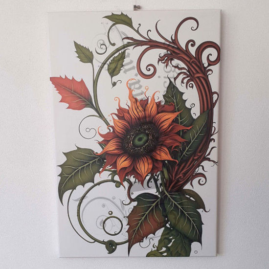 Afbeelding van een 40x60 cm digitale canvasafdruk van een zonnebloem met swirl van bladeren, klaar om opgehangen te worden.