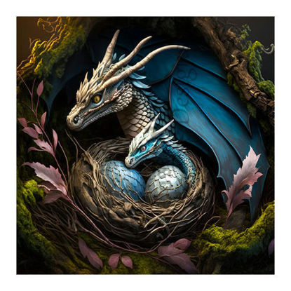 Diamondpainting set met blauwe draak in nest van 40 bij 40 cm - perfect voor liefhebbers van fantasie kunst en knutselaars.
