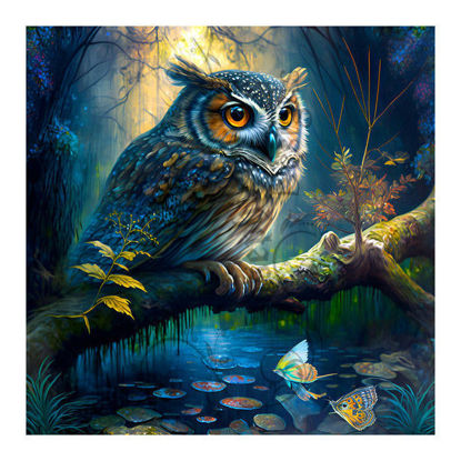 Afbeelding van een prachtige Diamondpainting van een uil op tak, omringd door een mystieke boslagune, gemaakt met behulp van airbrush-techniek en een fantasy art-stijl, beschikbaar als 40x40 cm set.