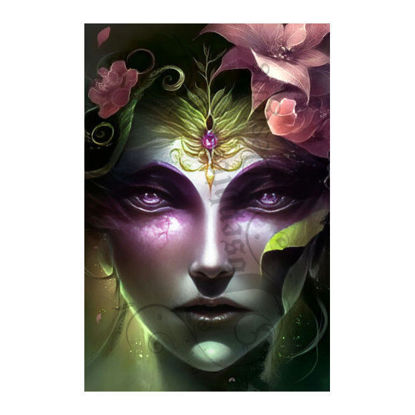 Diamondpainting set geïnspireerd op keizerin-tarotkaart en League of Legends met gloeiend magenta gezicht van het onderwerp.