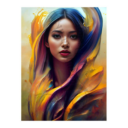 Kleurrijke Diamondpainting set voor het creëren van een abstracte afbeelding van een vrouw op canvas.