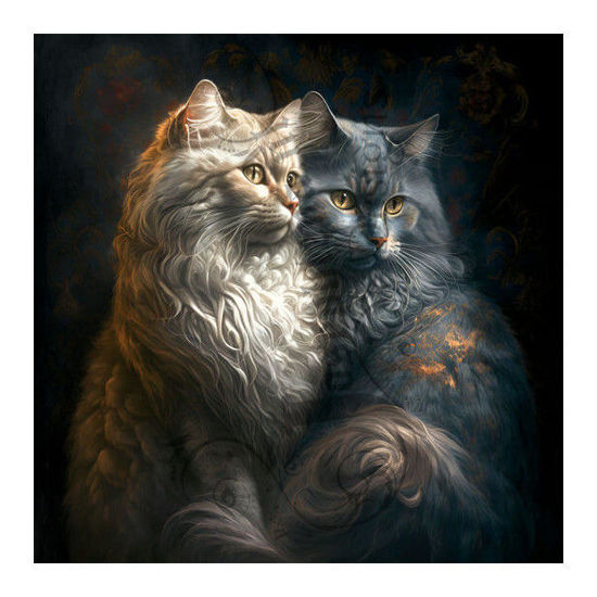 Een diamondpaintingset van een paar katten die dicht bij elkaar zitten.