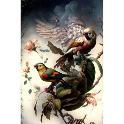 Een diamondpainting set van twee kleurrijke vogels op een tak.