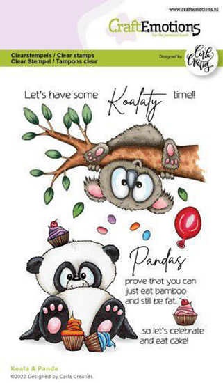 Afbeelding van CraftEmotions clearstamps A6 - Koala & Panda Carla Creaties: schattige set van 14 heldere stempels, gebruikt op een transparant acrylblok voor het maken van nauwkeurige en scherpe afdrukken.