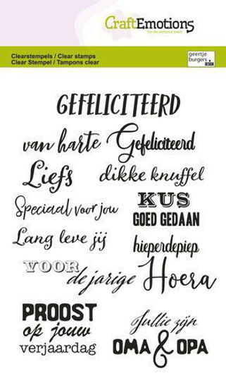 CraftEmotions Clearstamps A6 - Set van 23 tekststempels voor wenskaarten, inclusief Nederlandse 'Gefeliciteerd' tekst, geschikt voor acrylblokken en gemakkelijk te reinigen.