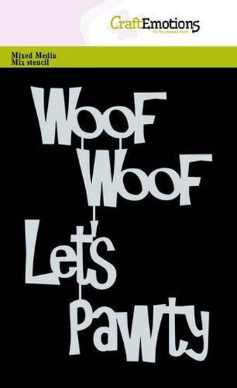 CraftEmotions Mask stencil - Tekst Woof Let‘s Pawty A6 (EN) Carla Creaties