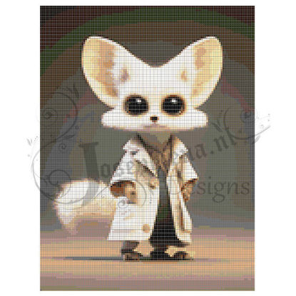 Digital diamond painting featuring an anthropomorphic fox inspired by characters from Zootopia, standing upright in a white coat reminiscent of Sherlock Holmes, against a backdrop of subtle elegance.